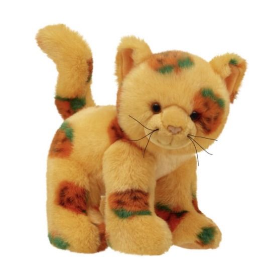 a stuffed animal cat with green and orange stripes on it's body, sitting upright