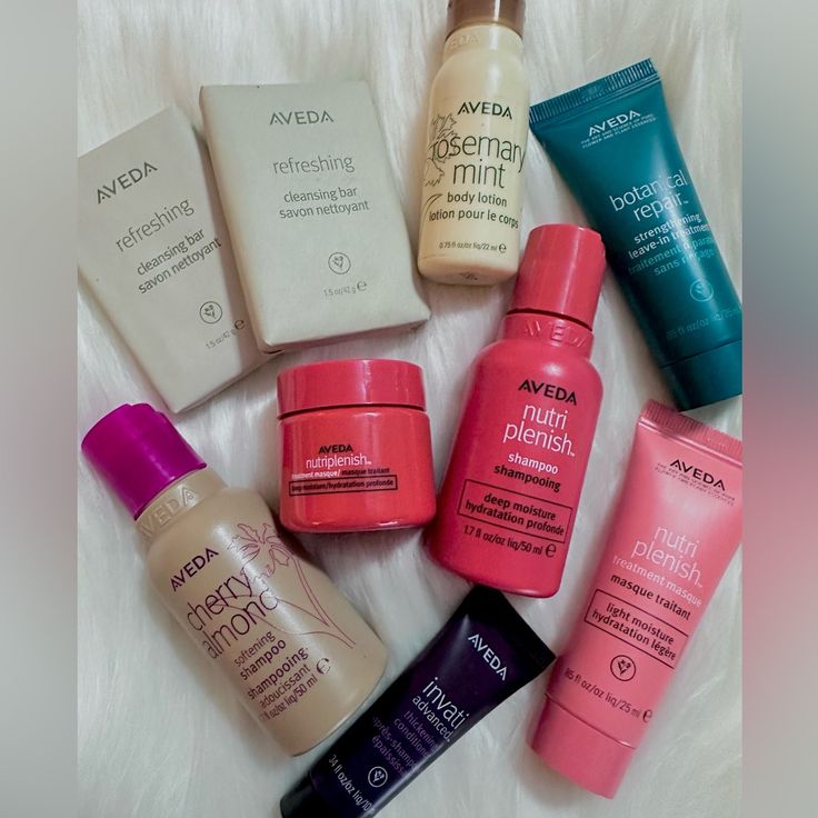 What A Wonderful Way To Try Aveda Products And Decide Which Are Your Favorites! This 9 Pc Bundle Is Brand New And Includes: ~Aveda Nutriplenish Shampoo Deep Moisture 50ml ~Aveda Cherry Almond Shampoo 50ml ~Aveda Invati Advanced Thickening Conditioner 10ml ~Aveda Nutriplenish Treatment Mask Deep Moisture 25ml ~Aveda Nutriplenish Mask Light Moisturizer 25ml ~Aveda Botanical Repair Strengthening Leave In 25ml ~Aveda Rosemary Mint Body Lotion 30ml ~Aveda Refreshing Cleansing Bar X2. Will Ship Fast P Aveda Nutriplenish, Aveda Invati, Aveda Rosemary Mint, Aveda Botanical Repair, Aveda Products, Mask Light, Light Moisturizer, Cherry Almond, Rosemary Mint