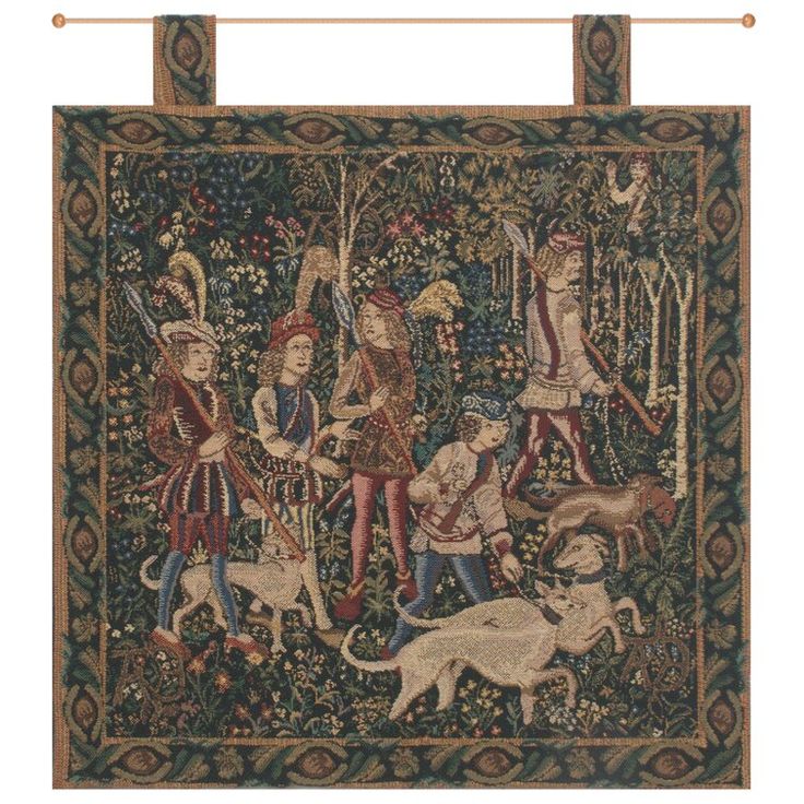 an old tapestry with people and dogs on it