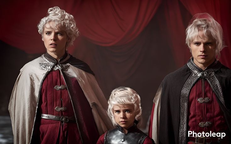 two men and a woman dressed in medieval costumes, standing next to each other with red curtains behind them