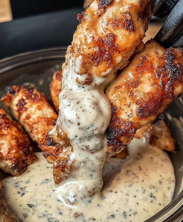 the chicken is being served with sauce in a bowl