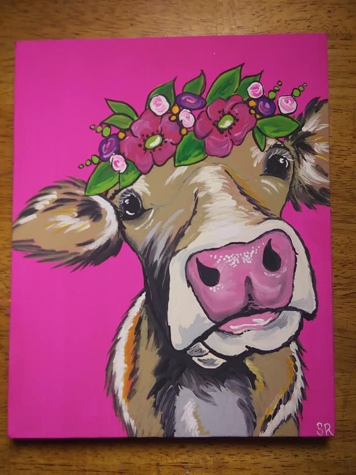 a painting of a cow wearing a flower crown on it's head with pink background