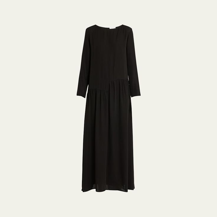 THE ROW "Callas" dress with asymmetrical panels Round neckline Long sleeves Gathered skirt Side seam pockets Full length Slipover style Cupro Made in Italy Gathered Skirt, Round Neckline, The Row, Full Length, Tops Designs, In Italy, Long Sleeves, Maxi Dress, Italy