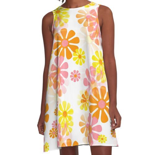 Loose-fit, mid-length sleeveless dress with silky handfeel. Printed on both sides. Machine washable. Size range XS-2XL. "60's Retro Groovy Mod Flowers" is a layered composition of 1960's pop art flowers in pink, orange and yellow on a white background. The happy, vintage feel of this piece is perfect for adding a pop of color to minimal, retro, mid century, or contemporary decor. Pop Art Flowers, Hippie Designs, Seventies Fashion, 60s Retro, Sixties Fashion, Retro Groovy, 60s Dress, High Quality Dress, Art Flowers