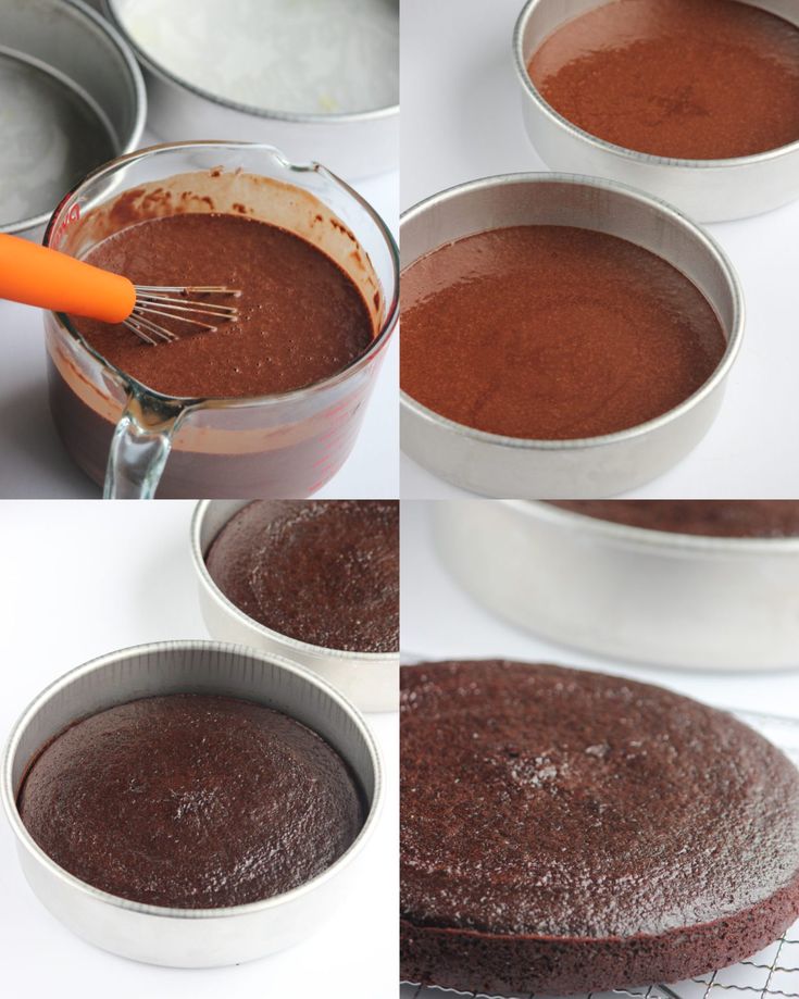 there are four pictures showing how to make chocolate cake in pans with whisks