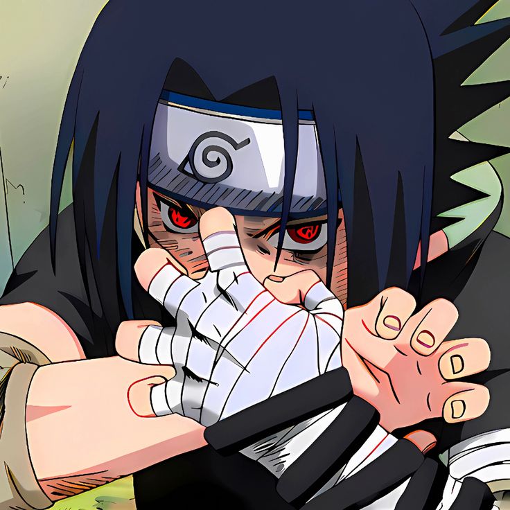 an anime character with black hair and red eyes