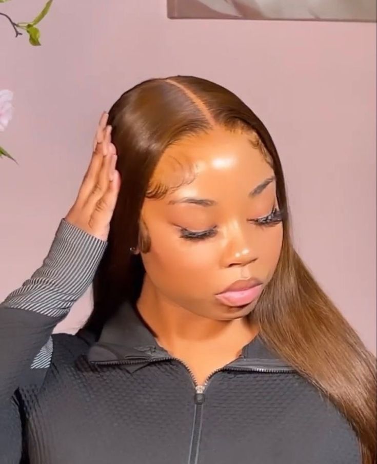 Colourful Wigs Black Women, Brown Buss Down Middle Part, Brown Middle Part, Chocolate Brown Wig, Sleek Braided Ponytail, Frontal Wig Hairstyles, Ethnic Hairstyles, Dyed Natural Hair, Pretty Hair Color