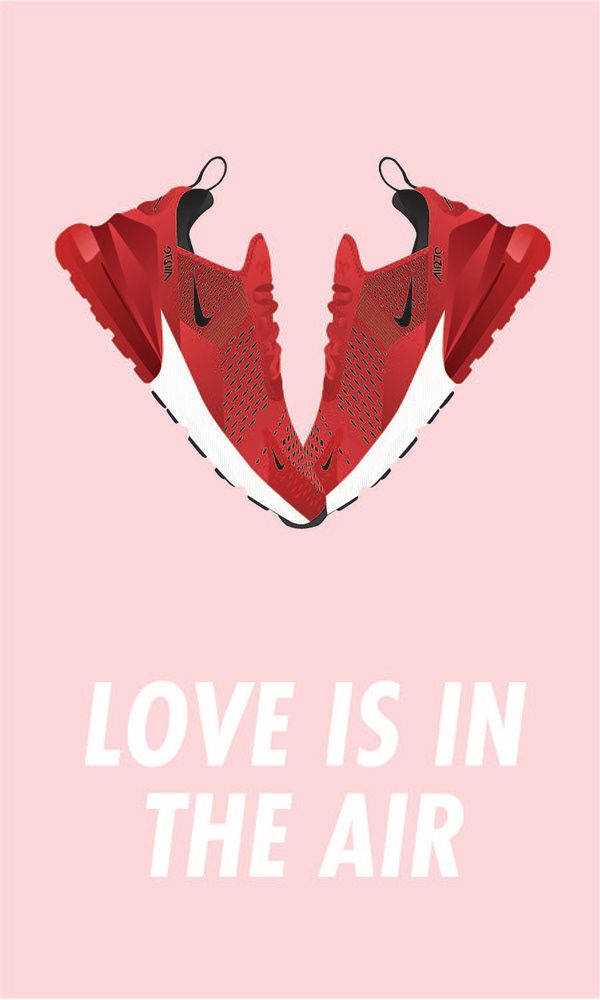 two red sneakers with the words love is in the air above them on a pink background