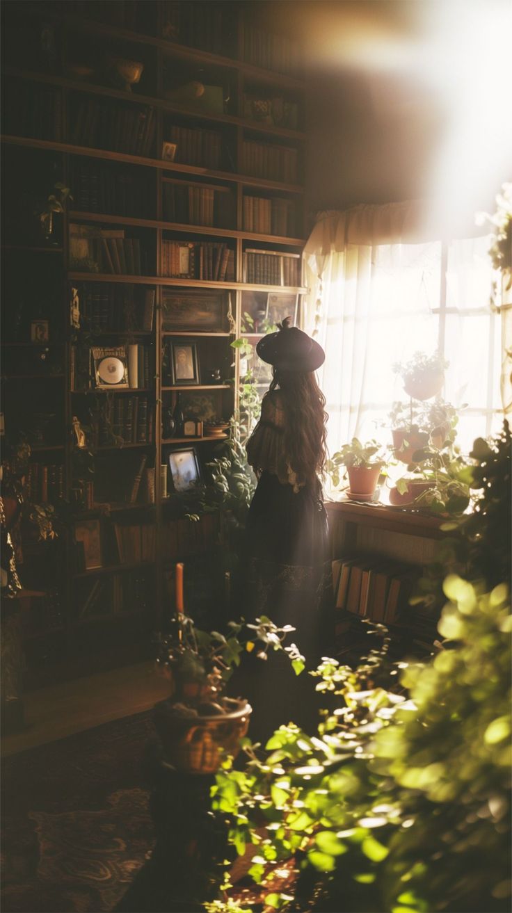 a person standing in front of a book shelf filled with lots of books and plants