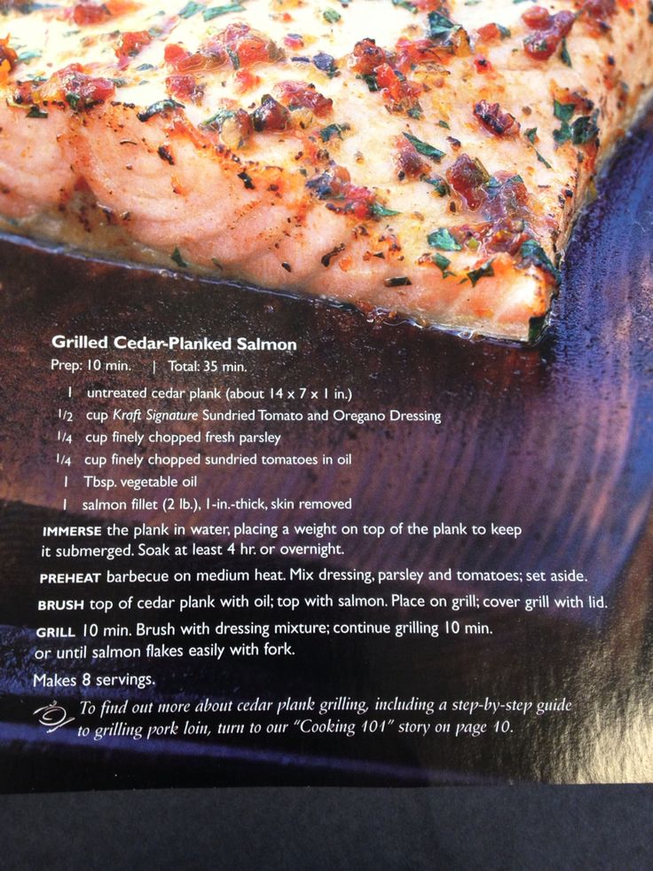 the recipe for grilled cedar - planked salmon is displayed on a plate with instructions