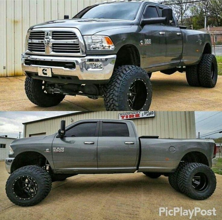 two pictures side by side of a gray truck and the same one with black tires