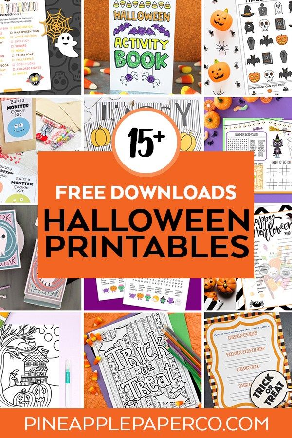 free halloween printables for kids and adults with the title overlaying them