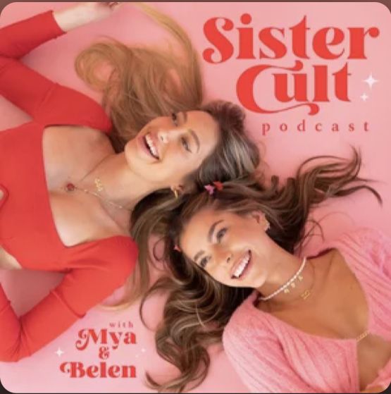 two beautiful women laying on top of each other in front of a pink background with the words sister cut