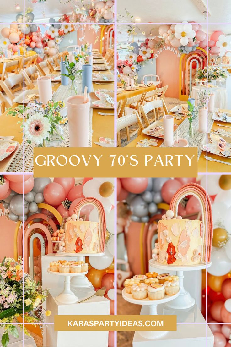 a collage of photos with balloons, cake and decorations for a 70's party