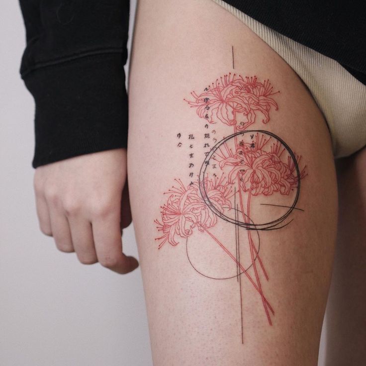 a woman's thigh with flowers and circles on the side by her tattoo artist