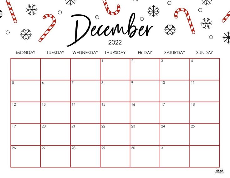 a december calendar with candy canes and snowflakes on the top of it