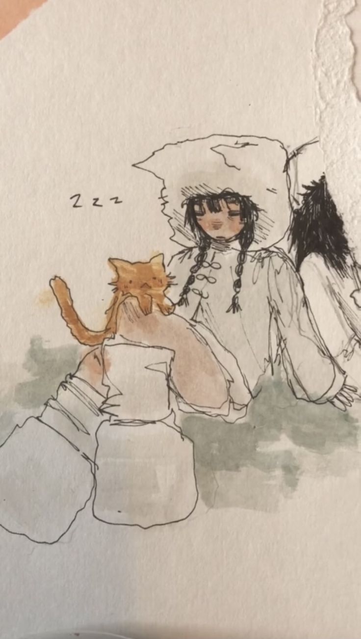 a drawing of a woman sitting next to a cat