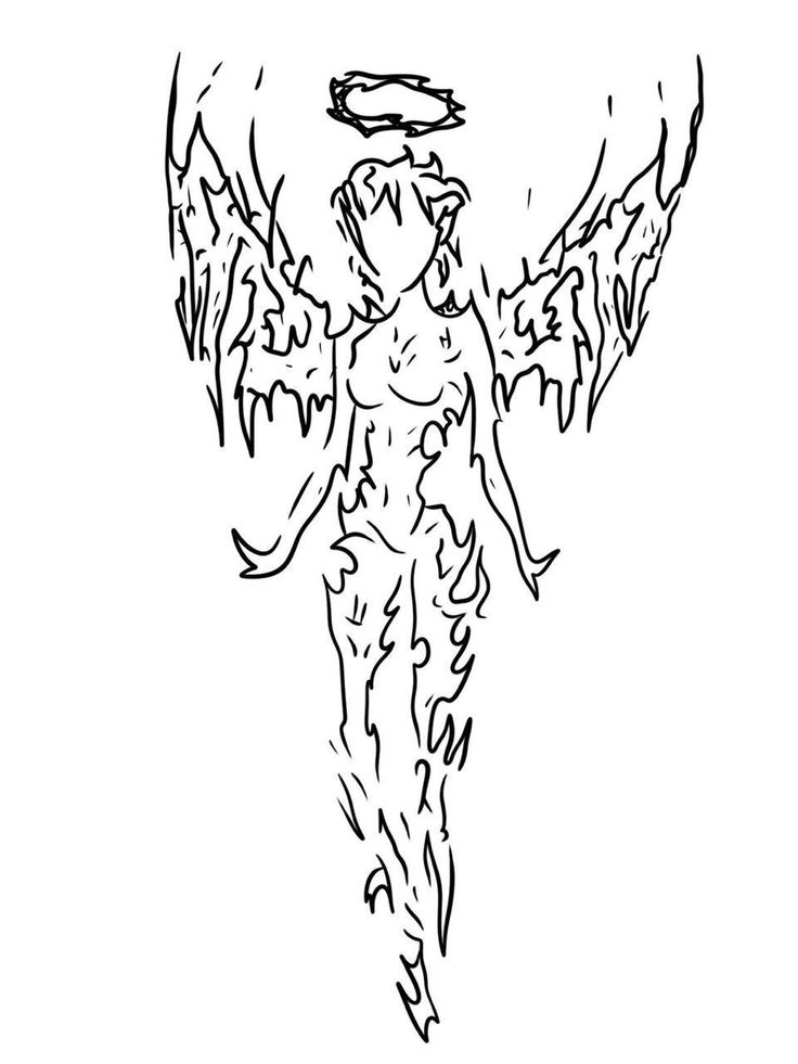 an angel with wings drawn in black ink on a white background, it looks like he is