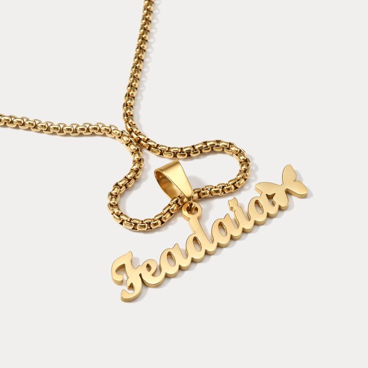 Fly off with this stylish Butterfly Custom Name Necklace- personalized with your own name or a special someone's! Stand out from the crowd with this cool piece of jewelry, perfect for any butterfly enthusiast! DETAILS Plating: 18K Gold Materials: 18K Gold on Steel Measurements: Length:  17.72 "(45.0cm) + Extender: 1.97"(5.0cm) Weight:   5.8g * Please allow 7 -9 days for customing before shipping Metal Pendant Necklaces For Birthday, Metal Pendant Necklace For Birthday, Gold Pendant Chain Necklace With Name, Custom Name Metal Necklace For Mother's Day, Gold Stainless Steel Name Necklace For Valentine's Day, Personalized Metal Pendant Name Necklace, Customized Metal Necklaces For Valentine's Day, Customized Metal Necklace For Valentine's Day, Valentine's Day Gold Stainless Steel Name Necklace