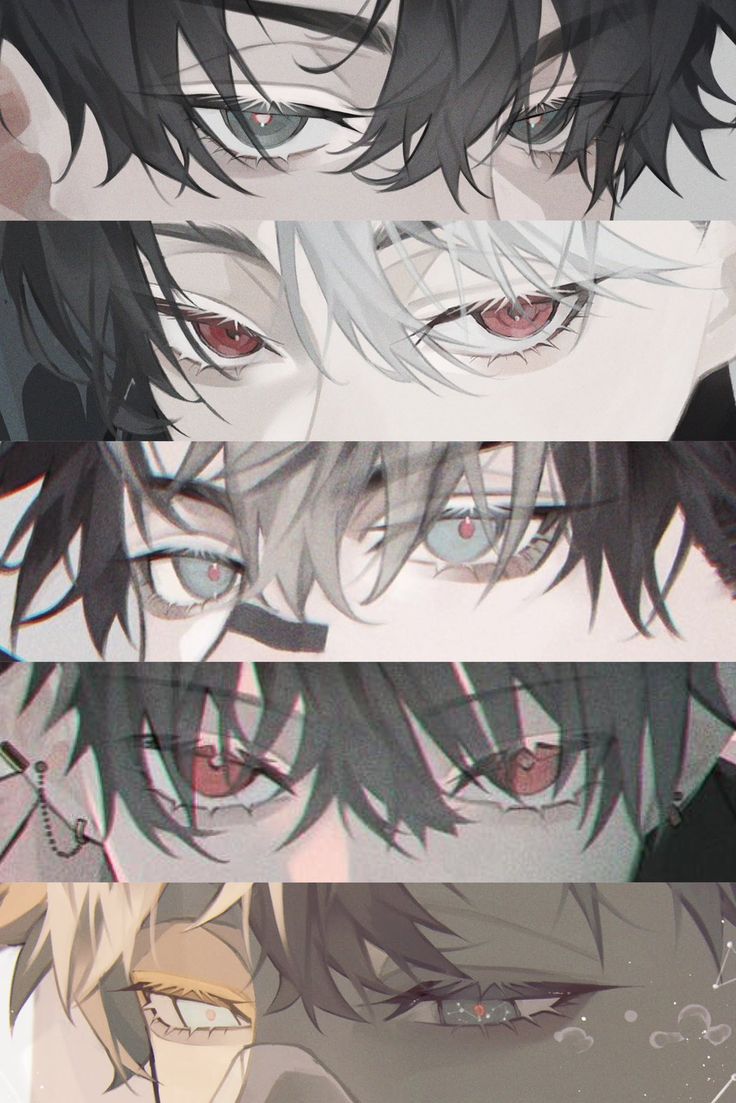 four anime characters with different colored eyes