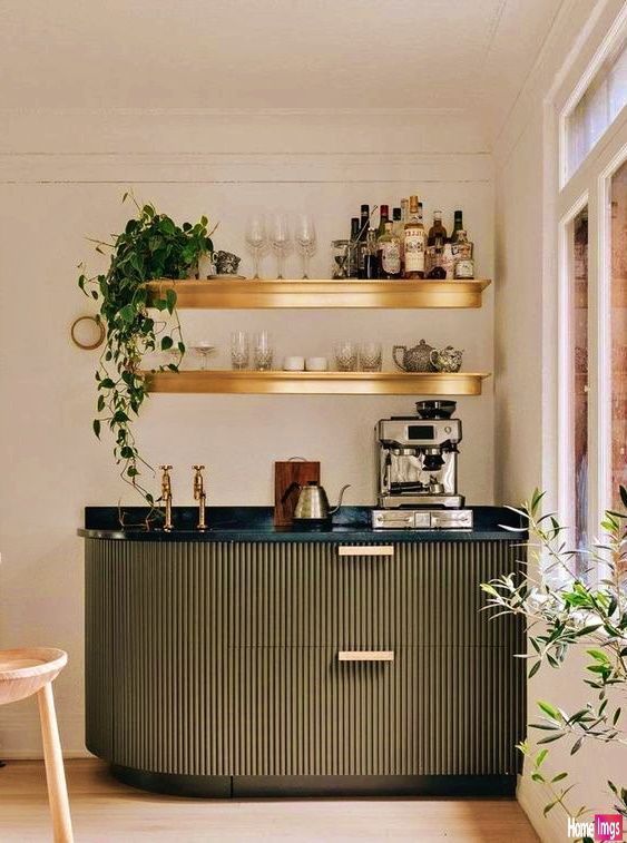 a kitchen with shelves filled with bottles and glasses on top of the counter next to a potted plant