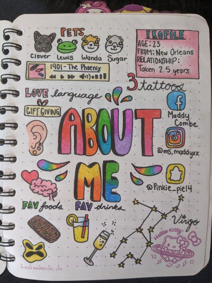 an open notebook with lots of doodles and stickers on the pages that say about me