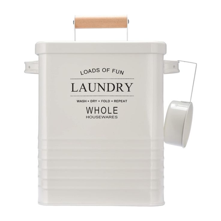 the laundry can is white and has a wooden hanger on it's side