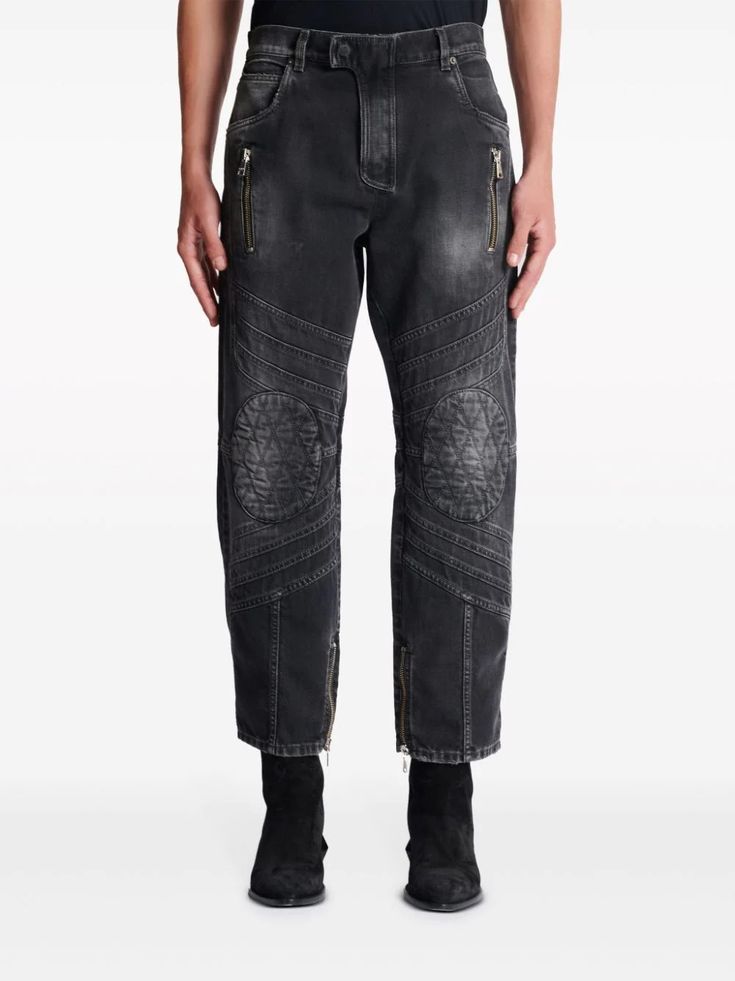 Balmain mid-rise straight-leg Biker Jeans - Farfetch Designer Straight Leg Jeans For Streetwear, Designer Straight Leg Pants With Pockets, Designer Streetwear Bottoms With Five Pockets, Biker Style Straight Leg Jeans For Streetwear, Designer Black Bottoms For Streetwear, Designer Straight Leg Denim Pants, Designer Black Bottoms With Belt Loops, Designer Denim Straight Leg Pants, Edgy Washed Black Jeans