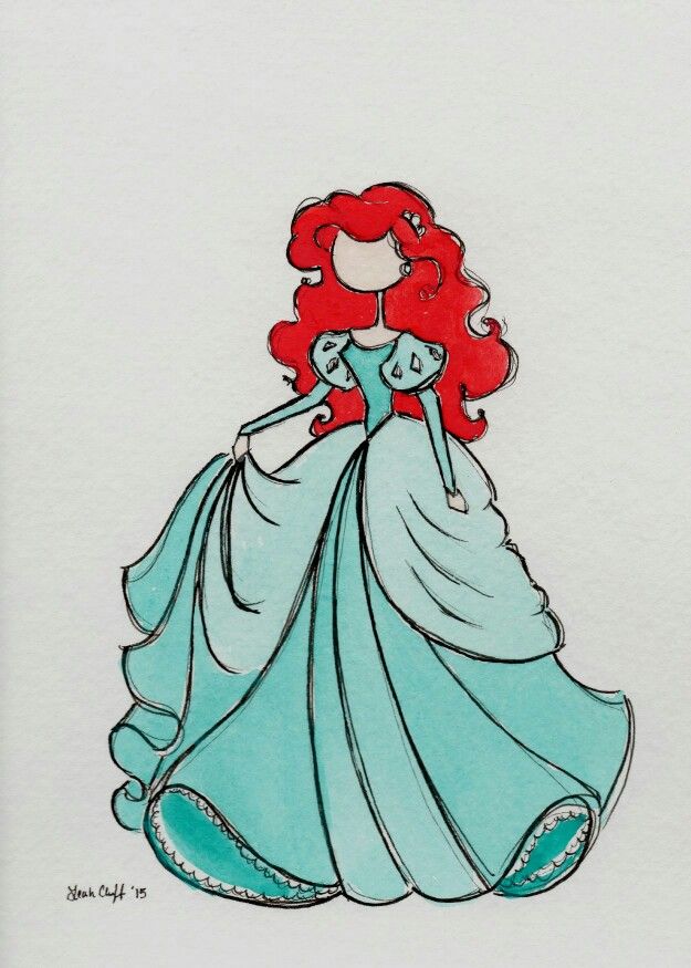 a drawing of a woman in a blue dress with red hair wearing a tiara