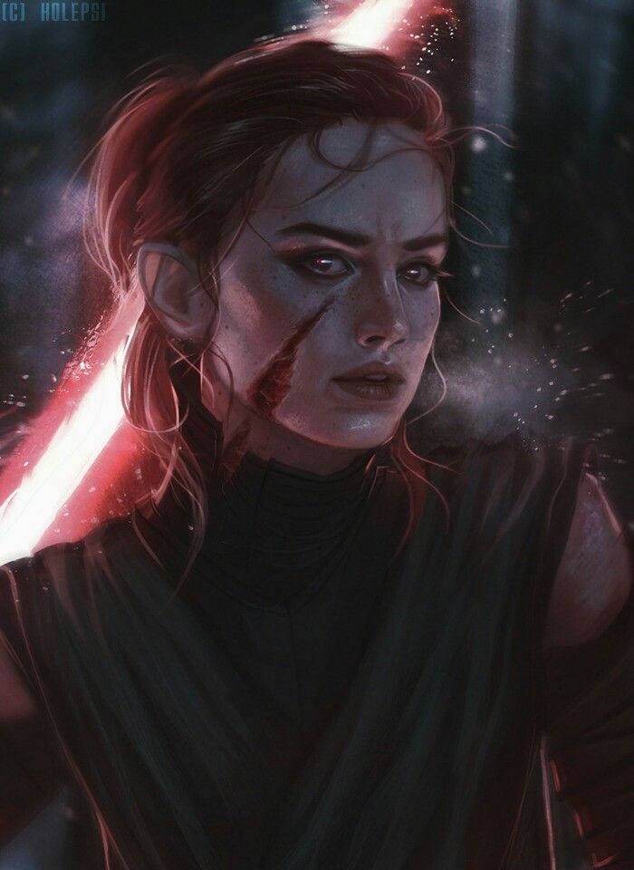 a star wars character holding a light saber in her right hand and looking at the camera