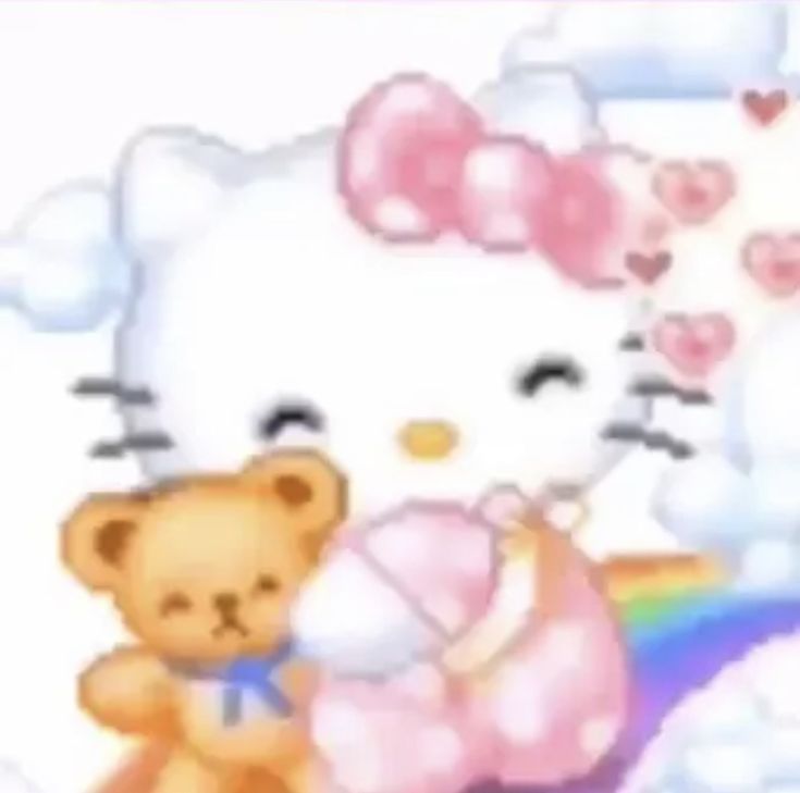 an image of a hello kitty holding a teddy bear in front of rainbows and clouds