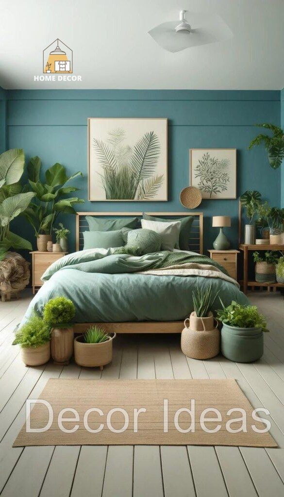 a bedroom with blue walls and green plants on the bed, along with potted plants