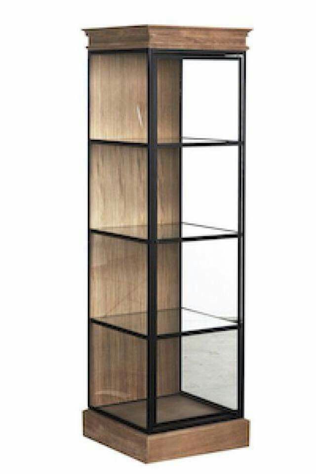 a wooden and glass display case with shelves on the bottom shelf, in front of a white background