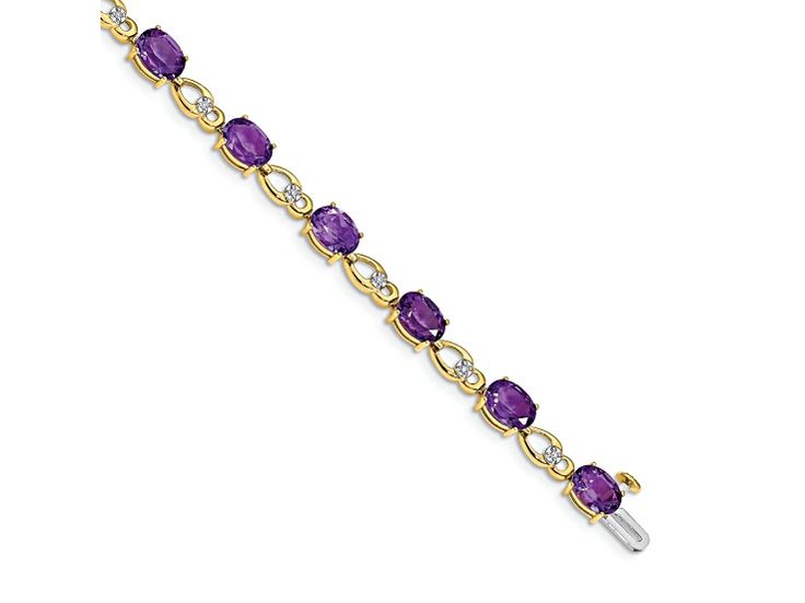 14K Two-tone Gold with rhodium over 14k yellow gold 9 cttw amethyst and diamond bracelet. Measures approximately 3/16 of an inch in width and has a box catch closure. Purple Oval Jewelry With Diamond Accents, Purple Fine Jewelry Bracelet, Gold Amethyst Jewelry With Diamond Accents, Formal Purple Jewelry With Diamond Accents, Formal Purple Fine Jewelry Bracelet, Oval Amethyst Jewelry With Diamond Accents, Fine Jewelry Amethyst With Diamond Accents, Classic Purple Bracelet Jewelry, A Box