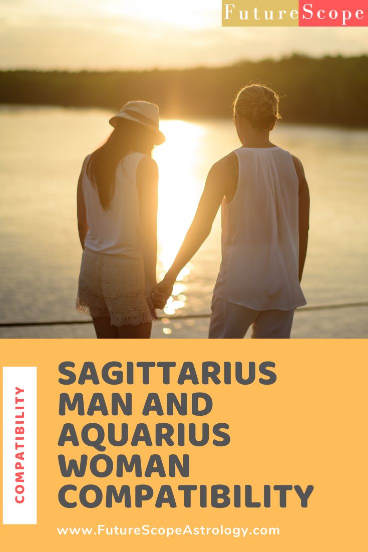 two people holding hands with the text sagittarius man and aquarius woman compatibly