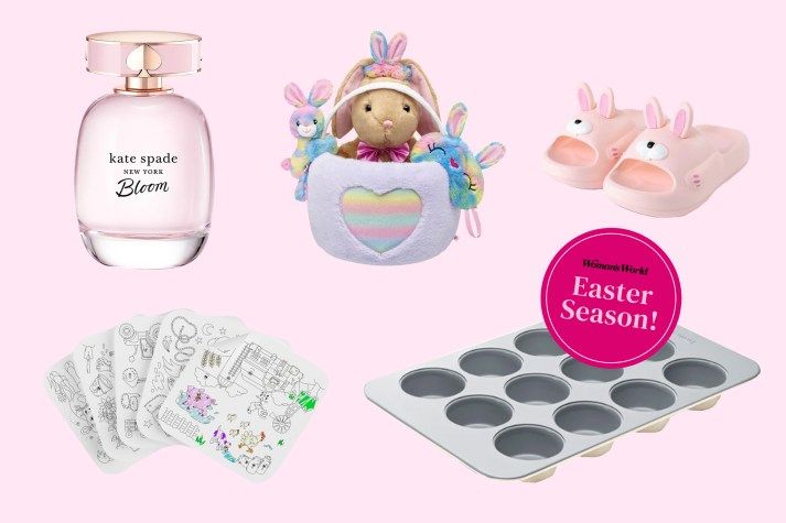 an assortment of items that include soap, cupcake pans and bunny ears