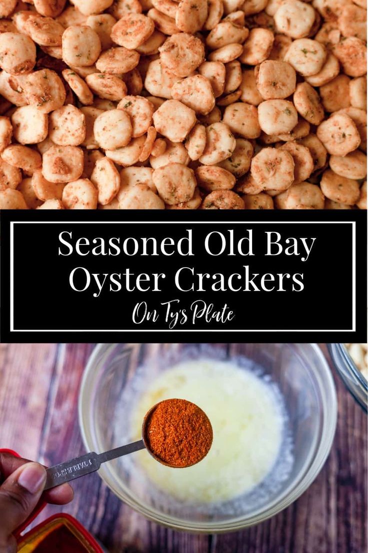 seasoned old bay oyster crackers in a glass bowl