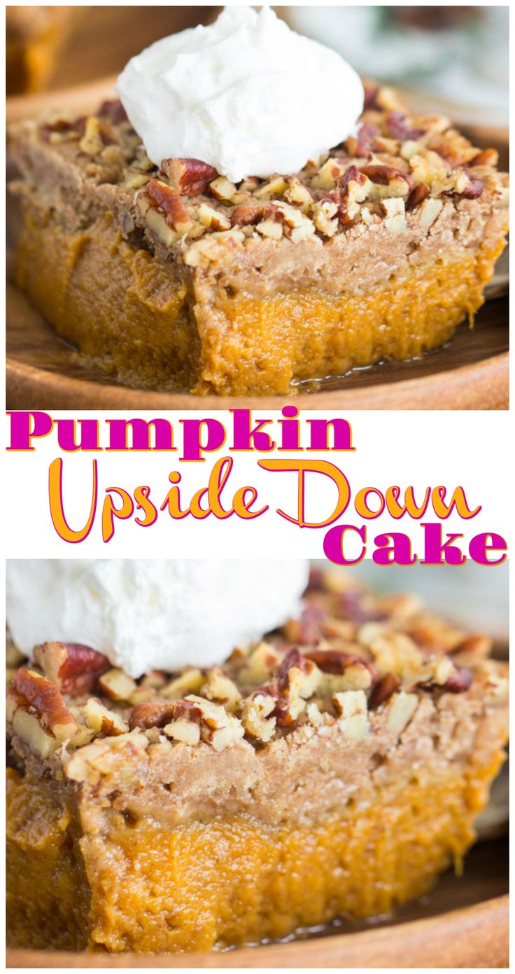 pumpkin upside down cake with whipped cream on top