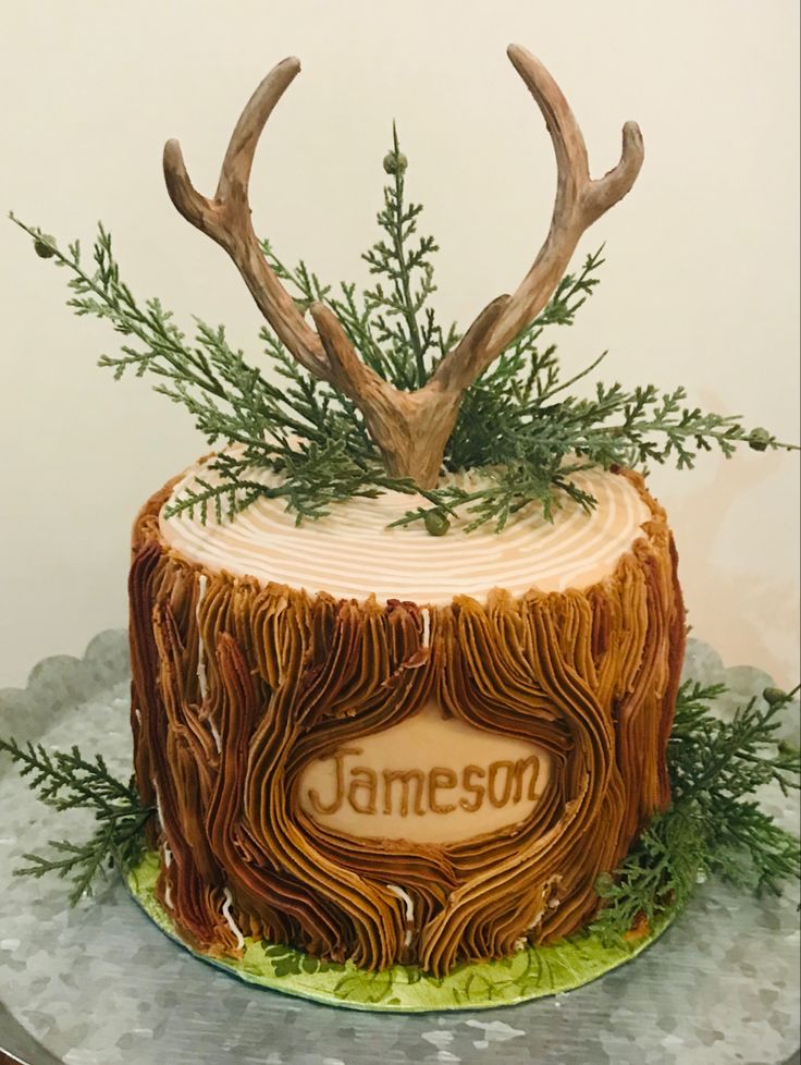 there is a cake that looks like a tree stump with deer antlers on it