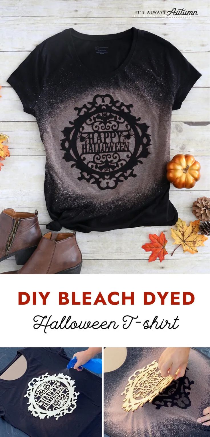 the diy beach dyed halloween t - shirt is shown with pumpkins and leaves