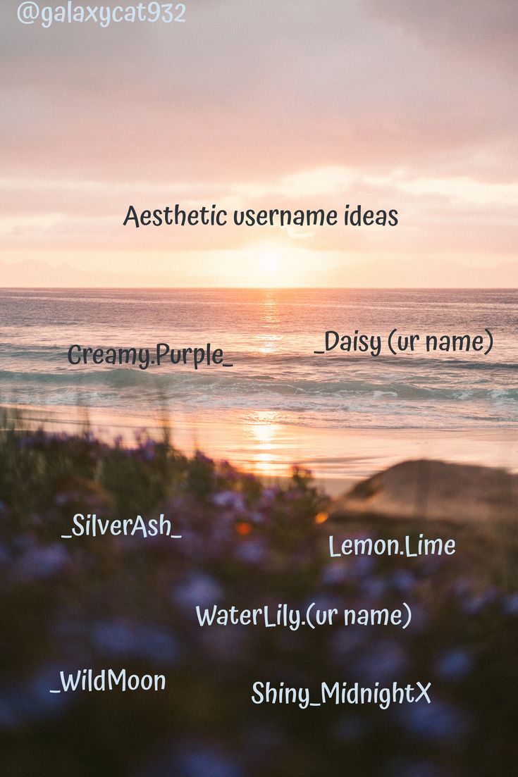 the sun is setting over the ocean with some words above it that read, aesthetic username ideas daisy ur name lemon lime wild moon shining midnight