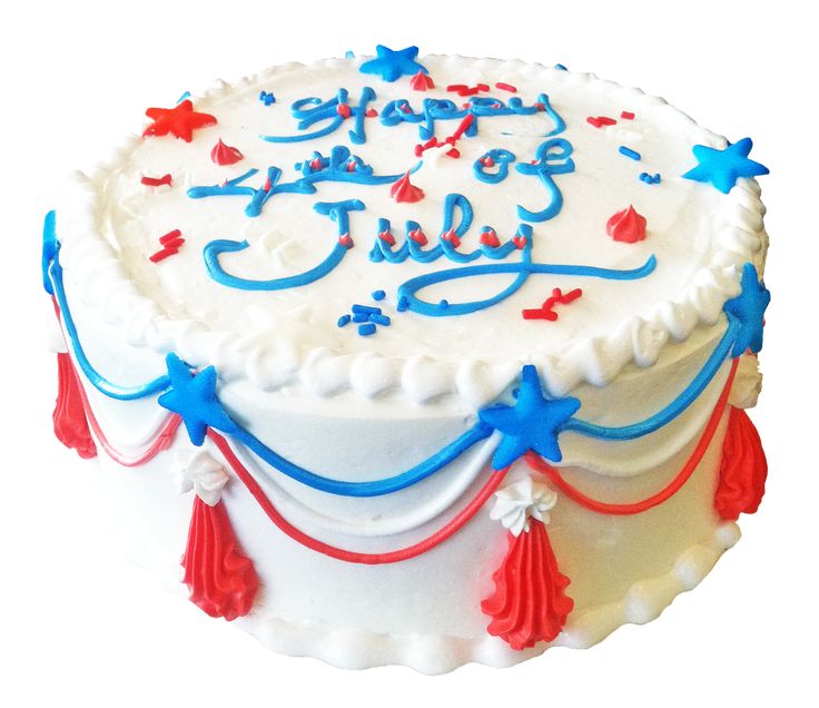 a white birthday cake with red, white and blue decorations