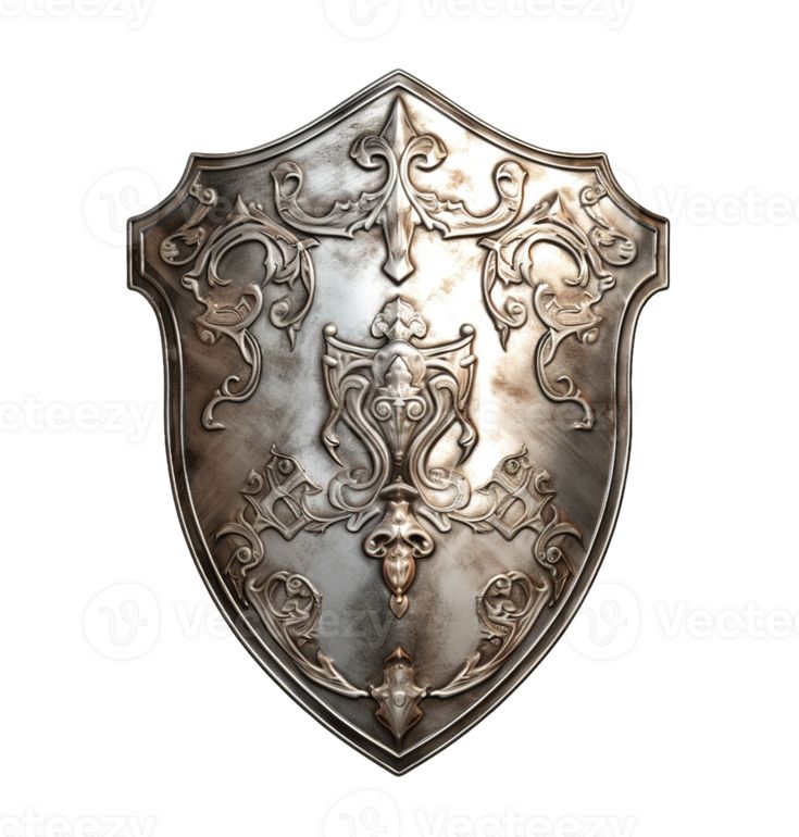 a metal shield with ornate designs on the front and sides, isolated against a white background