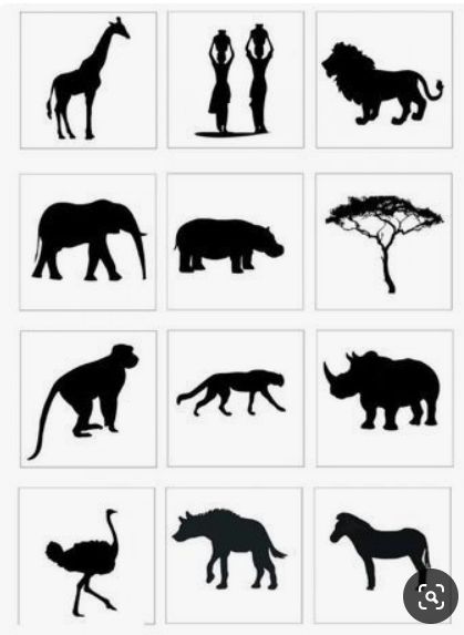 the silhouettes of different animals are shown in black and white, including an elephant, rhino