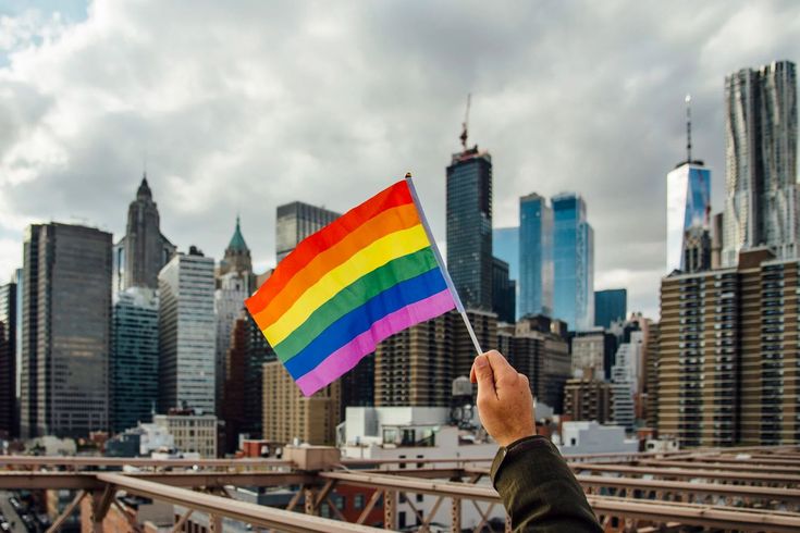 a person holding a rainbow flag on top of a bridge