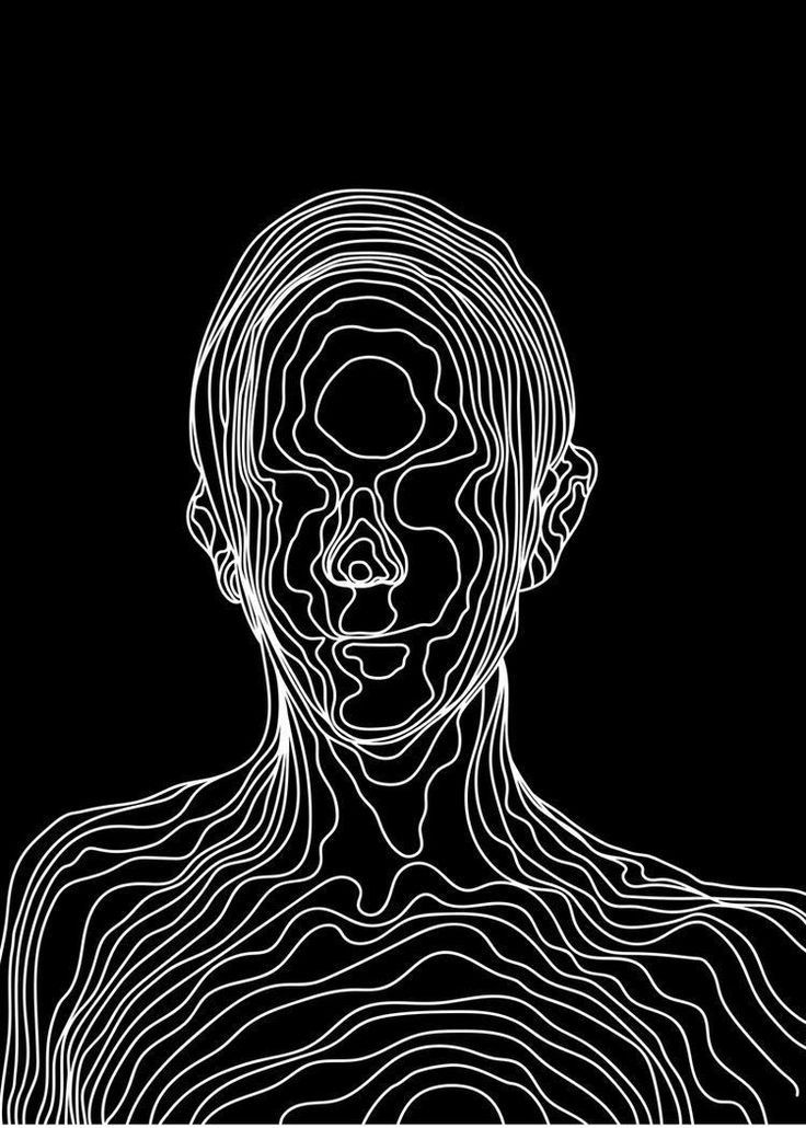 a black and white drawing of a woman's face with lines in the background