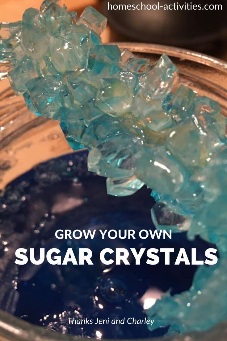 a glass bowl filled with blue liquid and ice cubes that says grow your own sugar crystals