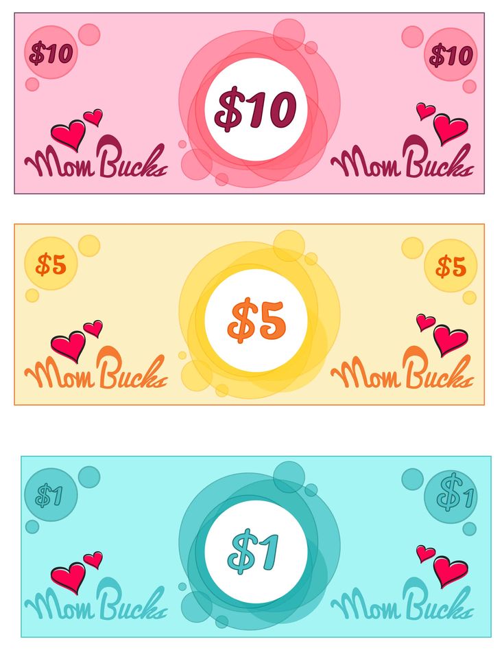 three coupons for mother's day with hearts and the words mom buck $ 10