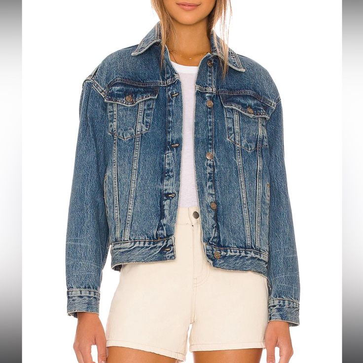 Your New Go-To Trucker Jacket Featured In A Button-Front, Oversized Silhouette And Classic Denim Fabrication For Goes-With-Anything Style From Season To Season. Classic Collar Detail Subtle Distressing For A Lived-In Look Front Button Closures Breast Flap Pockets And Side Welt Pockets Buttoned Cuffs Oversized Denim Jacket With Button Closure For Everyday, Oversized Blue Denim Jacket With Buttons, Blue Outerwear With Buttoned Pockets And Relaxed Fit, Oversized Blue Outerwear With Buttoned Pockets, Oversized Blue Denim Jacket With Buttoned Pockets, Medium Wash Outerwear With Snap Buttons And Relaxed Fit, Oversized Single Breasted Outerwear In Medium Wash, Classic Oversized Collared Denim Jacket, Oversized Single Breasted Medium Wash Outerwear