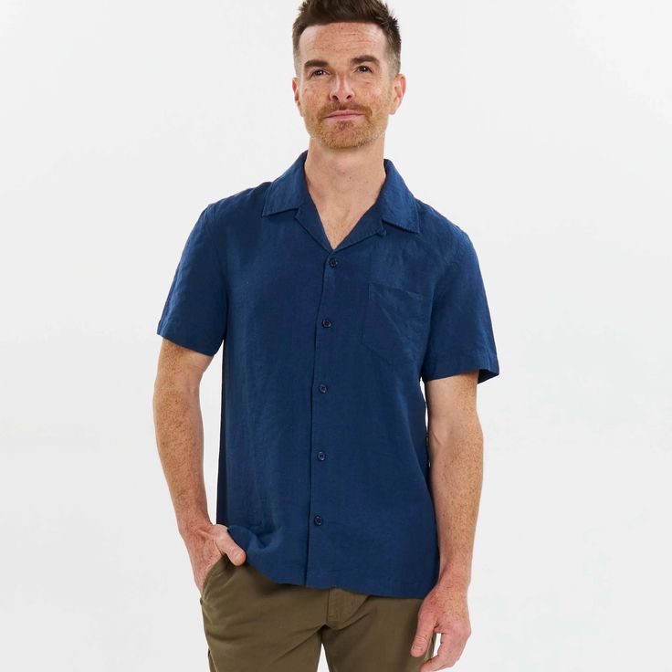 Our Camp Collar Shirt is a summertime must-have. Made from luxurious linen, this shirt provides a cool and breathable feel, ideal for those balmy days. Wear it alone for a relaxed look or layer it up for added versatility, perfect for all your vacation escapades. Blue Linen Camp Shirt With Relaxed Fit, Blue Relaxed Fit Linen Camp Shirt, Blue Linen Camp Shirt For Vacation, Casual Blue Linen Camp Shirt, Relaxed Blue Summer Shirt, Blue Linen Camp Shirt For Spring, Spring Blue Linen Camp Shirt, Unstructured Shirt With Pockets For The Beach, Unstructured Beach Shirt With Pockets